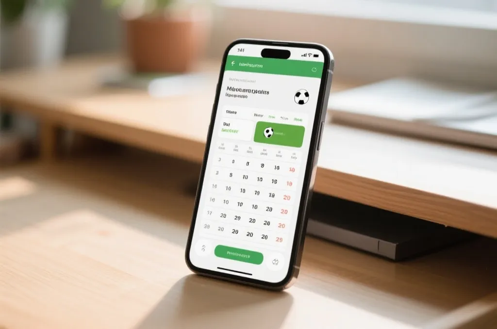 A clean modern smartphone displaying a soccer match schedule on a desk with soft lighting
